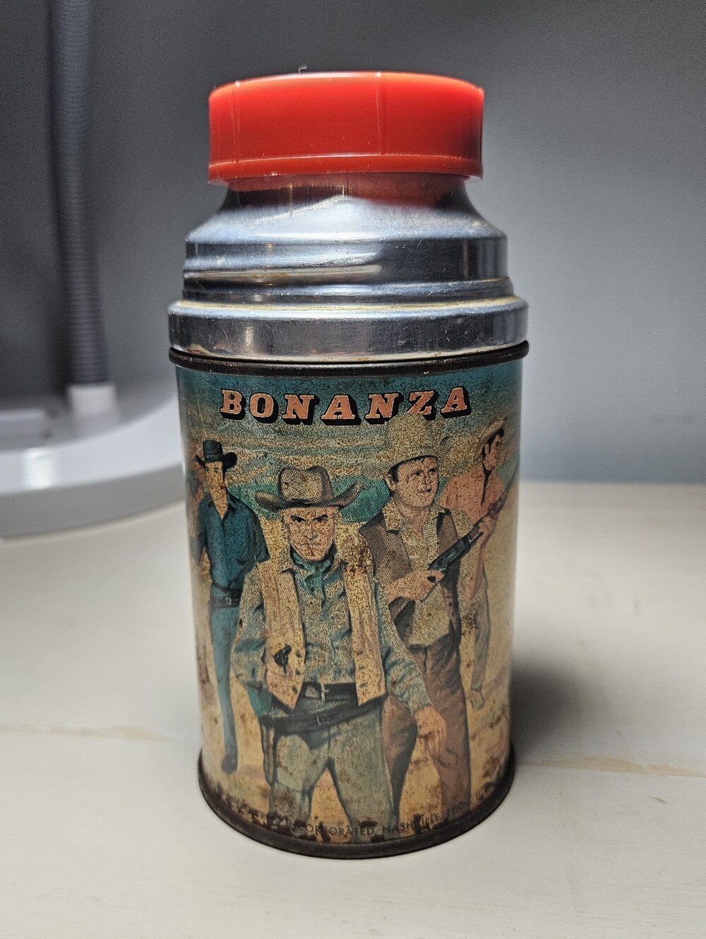Vintage 1960s Aladdin Bonanza TV Show Metal Thermos Half Pint 8oz INTACT Glass
